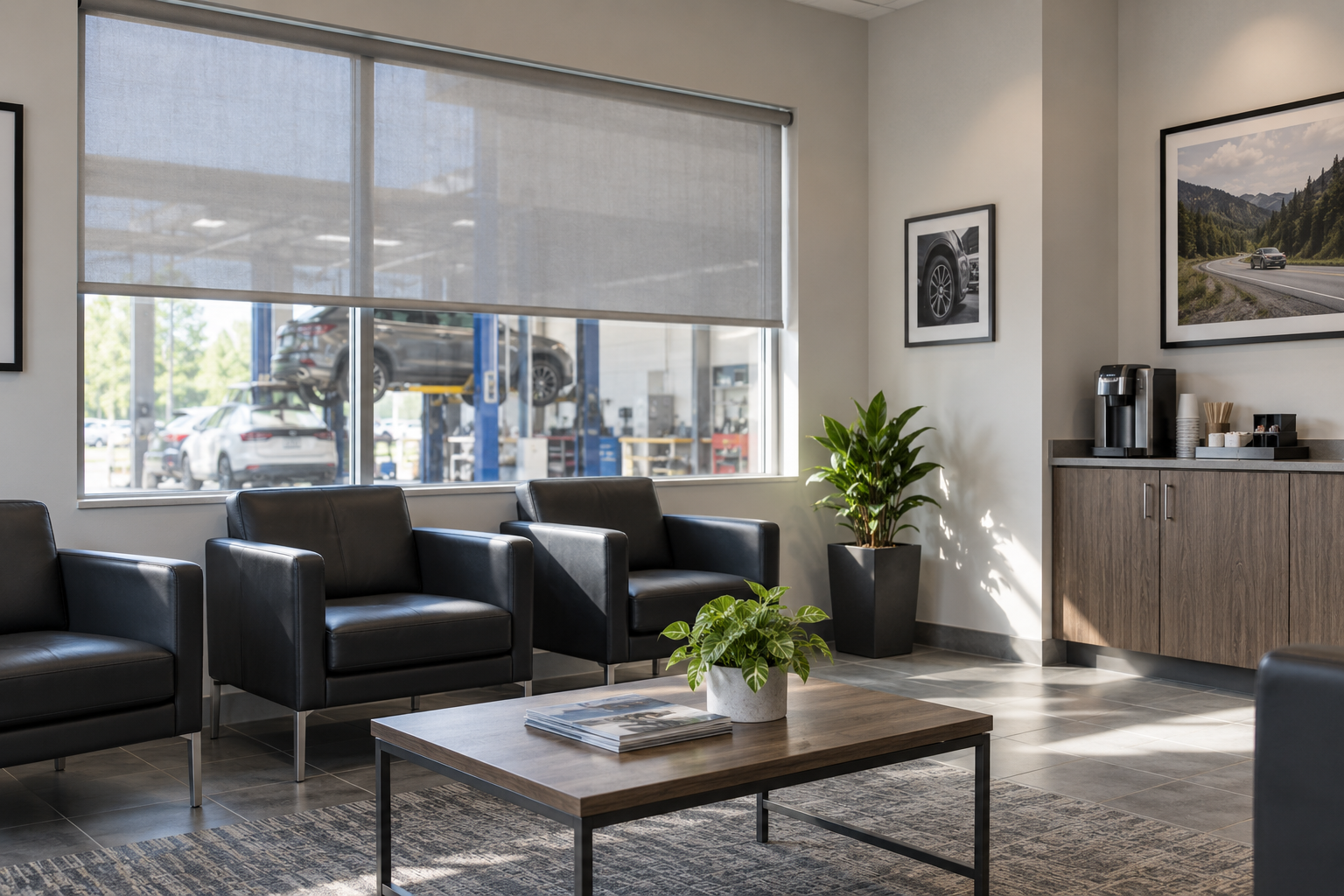 Poczekalnia przy warsztacie z roletami — ilustracja