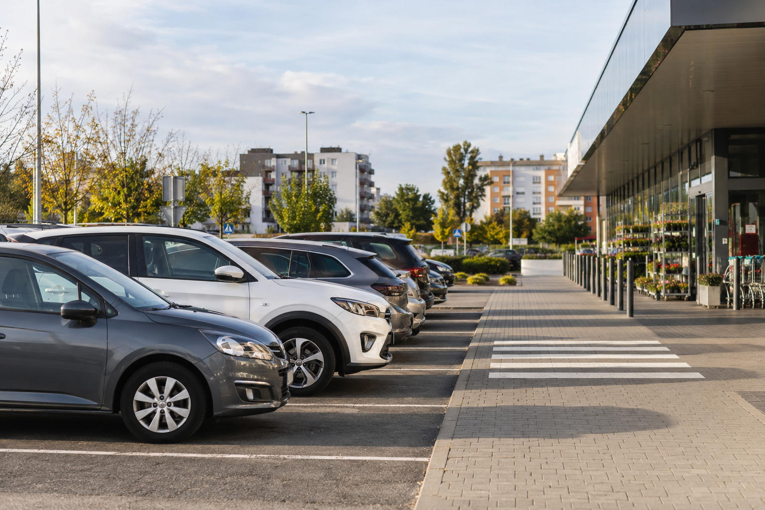 Rząd zwykłych samochodów na uporządkowanym wspólnym parkingu przy obiekcie usługowym