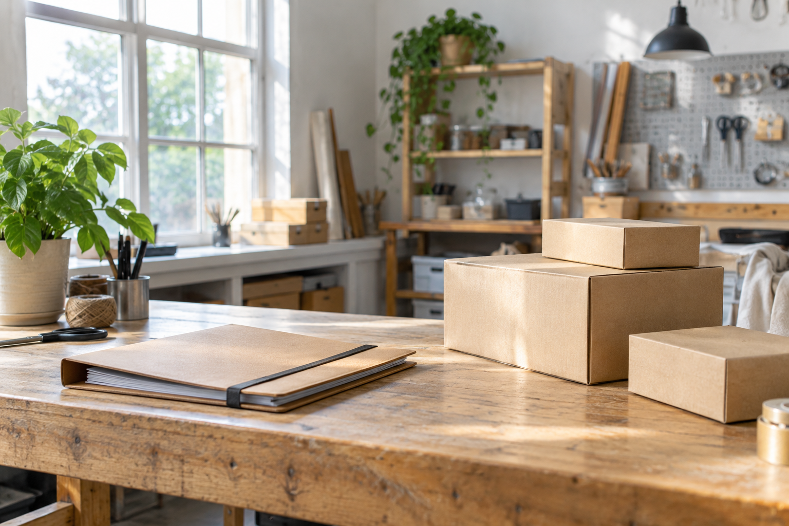 Teczka i pudełka w jasnym warsztacie bez ludzi